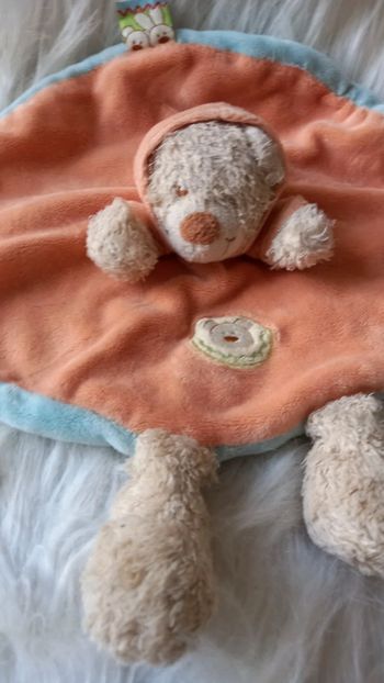 Doudou rond plat ours capuche orange - Nicotoy