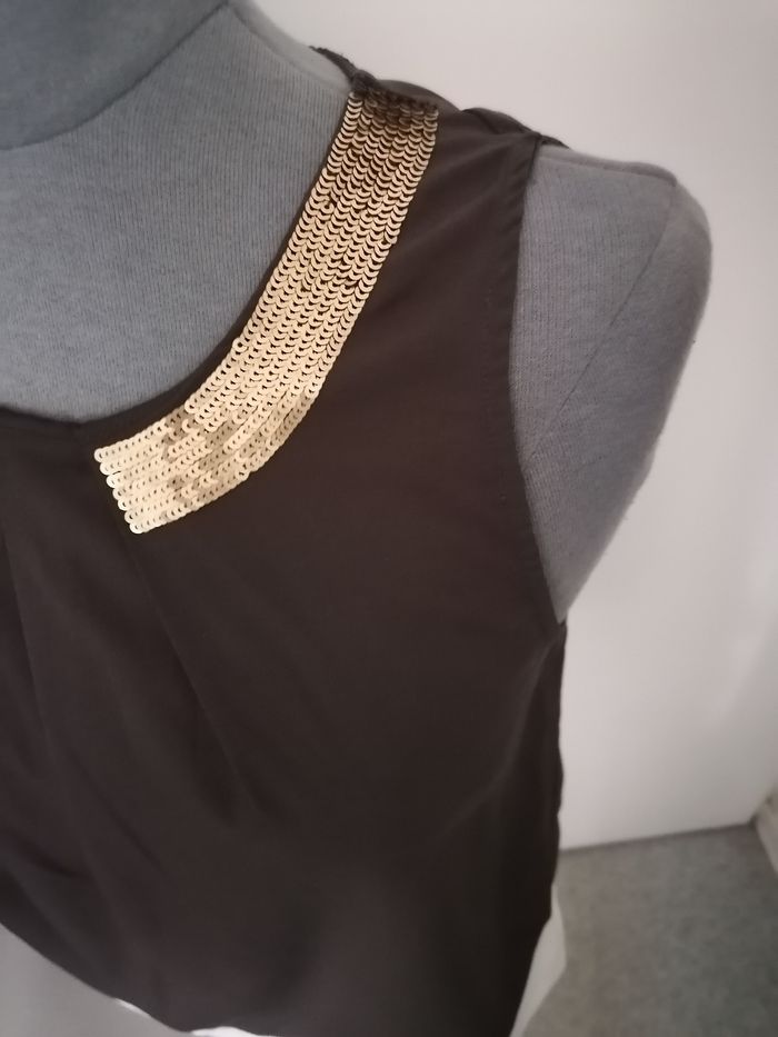 Haut femme chocolat crème et sequins dorés - photo numéro 4
