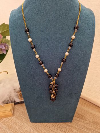 Collier Sautoir Grappe Doré Noir Et Blanc Cristal