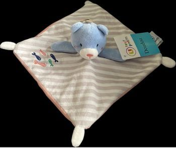 ❤️B2445 Doudou Plat Ours Bleu Blanc Rayé Gris Rose Poissons Super U Tout Petits