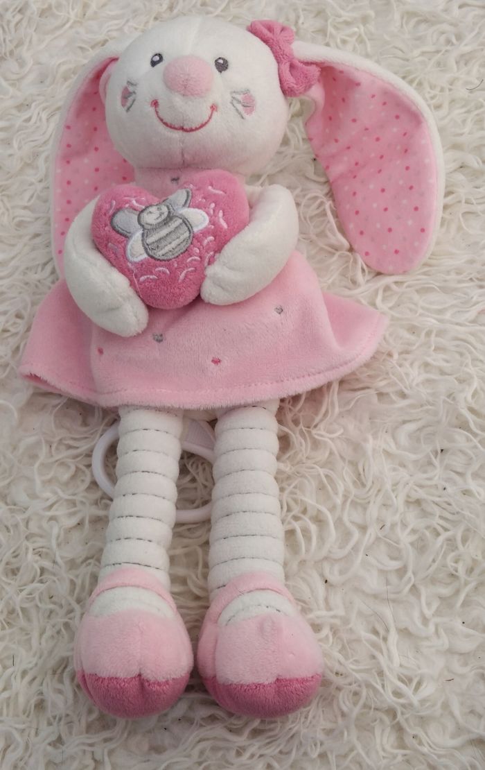 Doudou peluche lapin musical - robe rose - coeur ,Abeille- Pommette