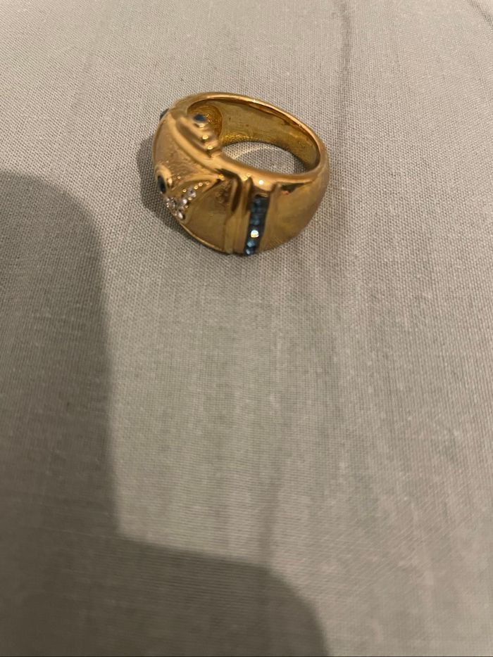 Bague fantaisie dorée – strass & pierre bleue - photo numéro 2