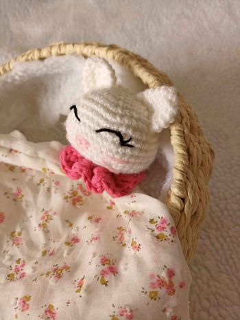 Doudou lange Charlène le Chat en crochet fait main cadeau de naissance anniversaire personnalisable