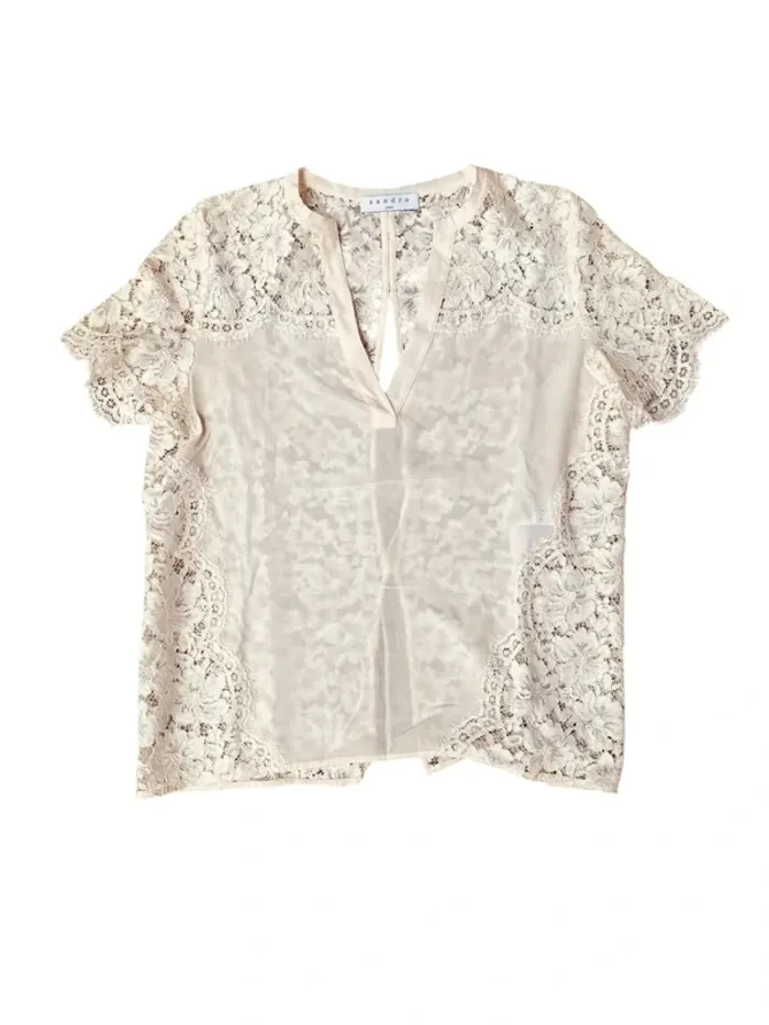 Blouse manches courtes blanche en dentelle et soie Sandro taille 1