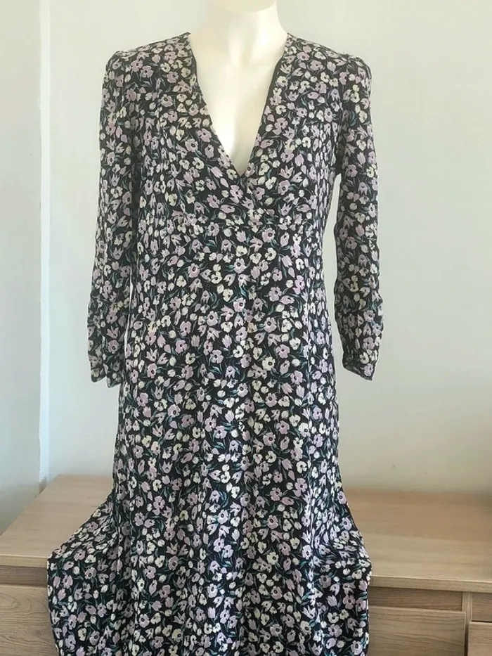 Robe longue col V manches 3/4 fleuries fluide 40 MNG