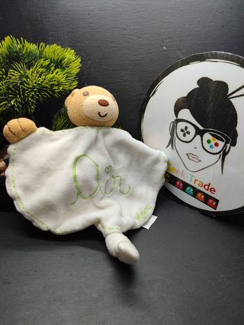 Doudou ours blanc vert coeur air coton bio kaloo blanc marron beige écologique eco-friendly