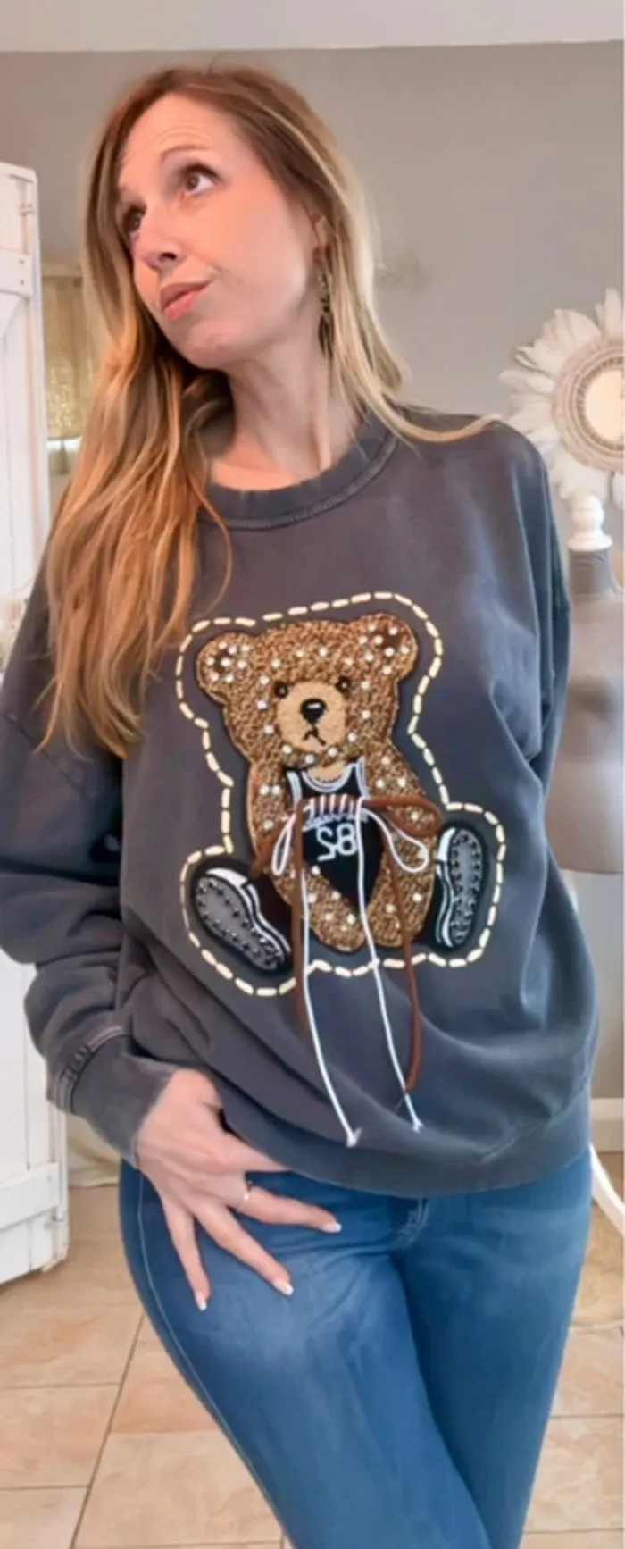 Sweat gris foncé noir ourson et strass Taille unique - photo numéro 13