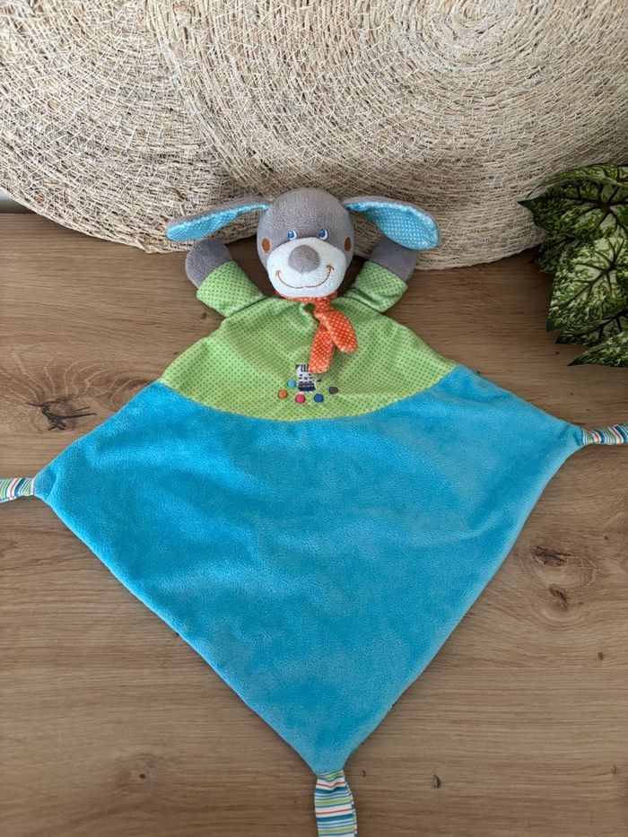 Doudou plat chien vert bleu écharpe orange mots d enfants - photo numéro 2