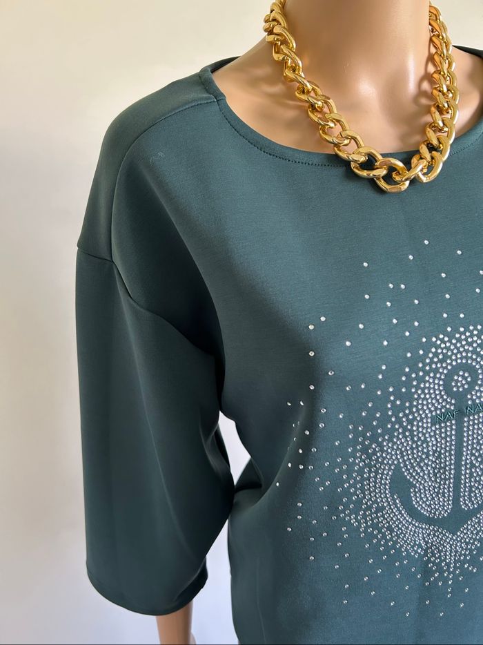 Pull sweat vert foncé neuf avec strass Naf Naf taille L - photo numéro 4