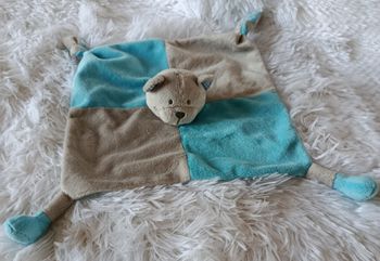 Doudou ours carré plat gris et bleu turquoise