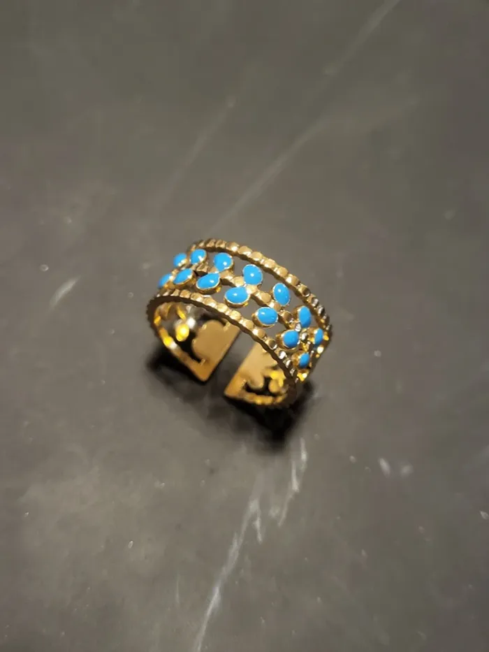 Bague acier inoxydable doré ajustable feuilles bleues