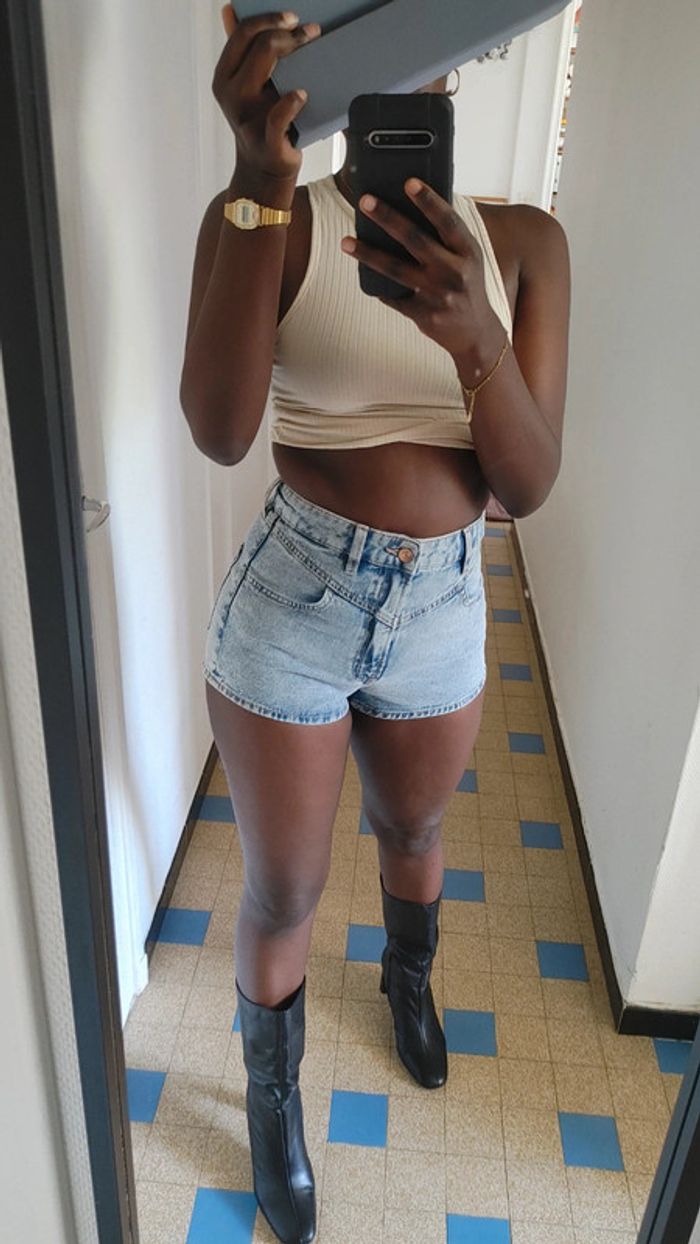 Mini short taille haute en jean - photo numéro 4
