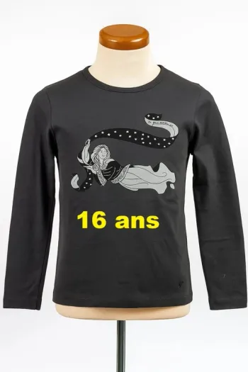 Tee shirt manche longue gris motif gris noir La Fée Maraboutée Taille 16 ans