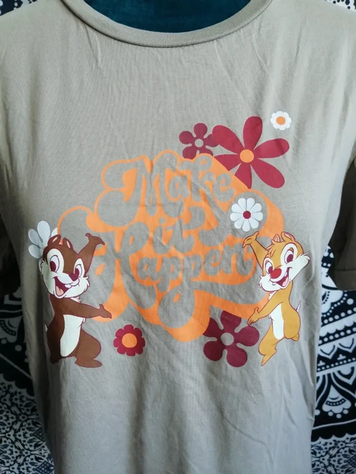 Tee-shirt marron taupe imprimé tic et tac avec fleurs et écriture / disney / (m) - photo numéro 3