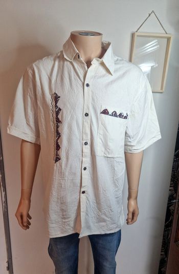 Chemise Artisanale Mexicaine Manta Écru Chihuahua Style Folk Taille L Homme Haut