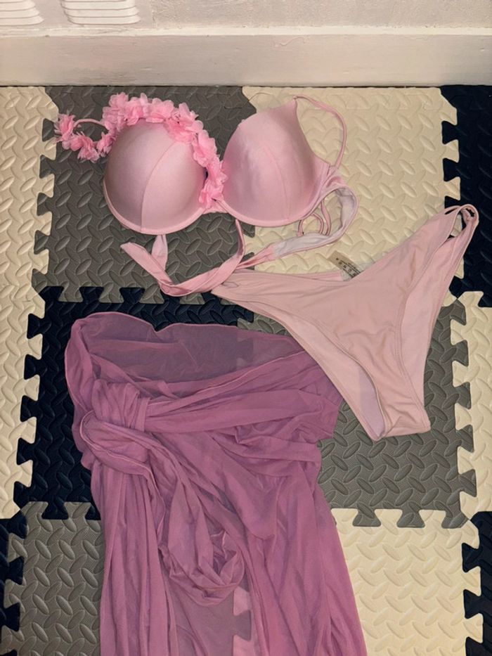 Lot/ensemble 3 pièces bikini rose + cache maillot (paréo) - photo numéro 4