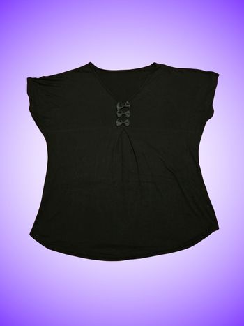Tee-shirt Noir Fluide Décolleté V – Manches Courtes – Nœuds Décoratifs – Sans Marque – Bon État