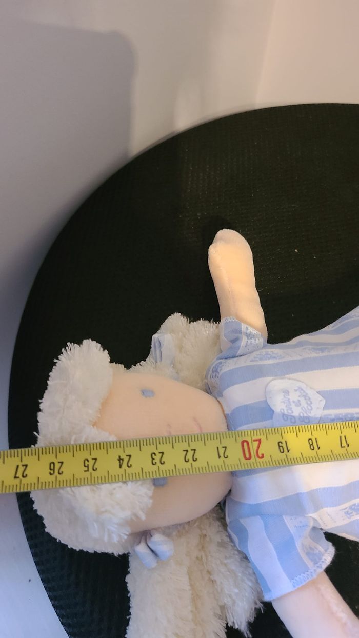 DOUDOU PELUCHE POUPÉE CHIFFON TARTINE ET CHOCOLAT BLEU BLANC RAYÉ 24CM Doudou Poupée Blonde Couette - photo numéro 5