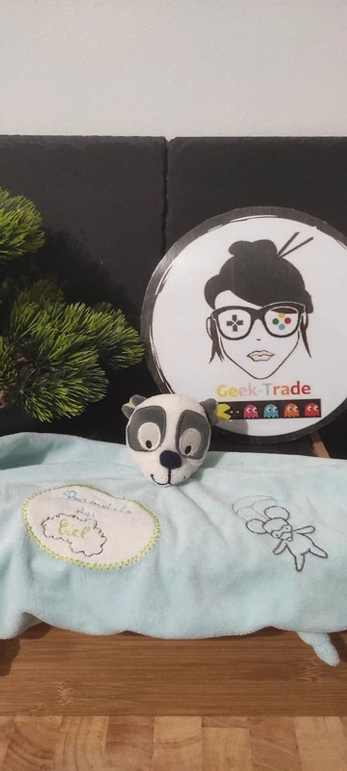 Doudou ours panda bandits du ciel kiabi kitchoun souris bleu vert blanc Nuage