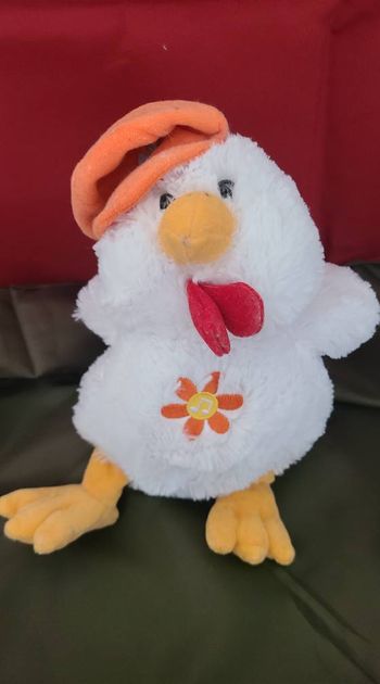 Doudou Poule Musical GIPSY Coq Blanc Rouge Sonore Chapeau Orange 17 Cm
