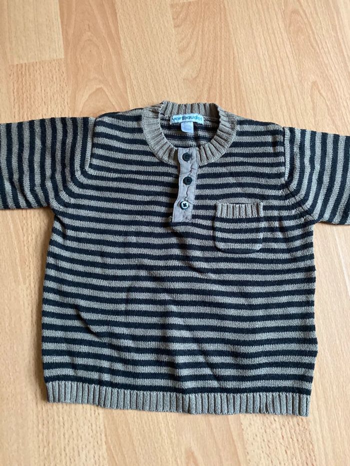 Joli pull à rayures noir et marron Vertbaudet T. 9 mois/71 cm garçon TBE - photo numéro 3