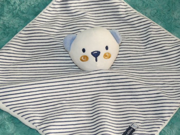 Doudou plat ours Gémo bleu blanc Bisou doux 🐻tbe - photo numéro 2