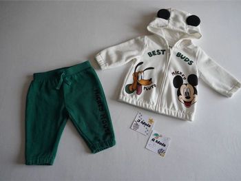 Ensemble en sweat Mickey Disney 3/6 mois : Pantalon vert foncé + Veste à capuche écru fantaisie