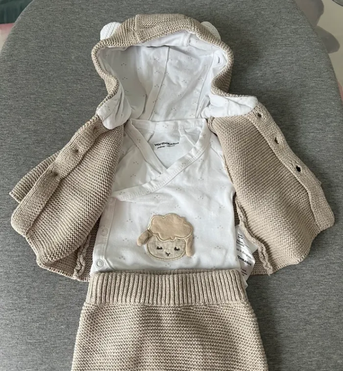 Ensemble naissance 3 pièces en point mousse - beige chiné - photo numéro 2