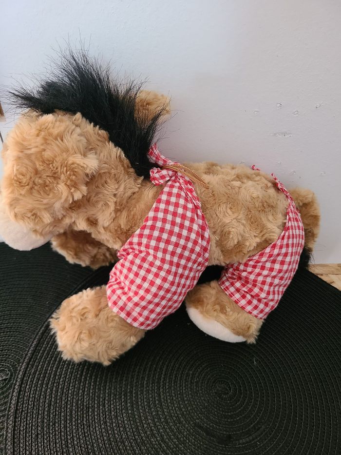 doudou peluche ane marron mi longs blanc tissu vichy rouge - photo numéro 4