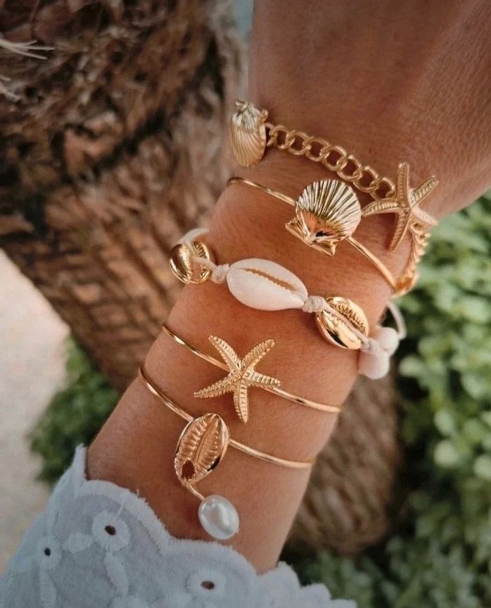 A47 lot de 5 bracelet gourmette bohème nature coquillage doré or tendance réglable