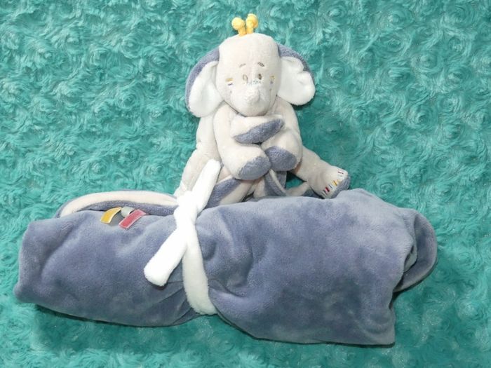 Doudou couverture éléphant Bao bleu beige Noukie's 🐘tbe - photo numéro 2