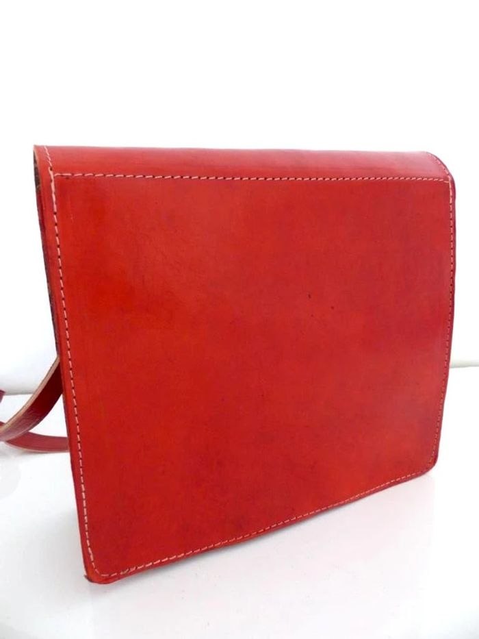 Sac bandoulière NEUF cuir pleine fleur tannage naturel rouge & laine Kilim Besace Ethnique - photo numéro 5