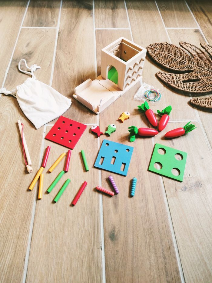 🥕Cube d'éveil multi activités 6 en 1 formes à encastrer pêche à la ligne.. en bois