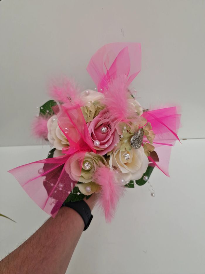 Bouquet De Mariée Roses Tulle Perles Plumes Dentelle - photo numéro 14
