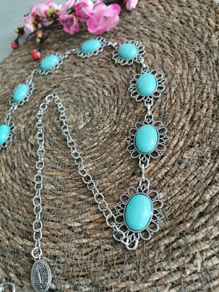 Ceinture Métal femme fleurs argenté et bleu turquoise - photo numéro 2