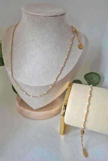 Parure lot de 2 bijoux collier + bracelet en acier inoxydable 🌸 perles blanches