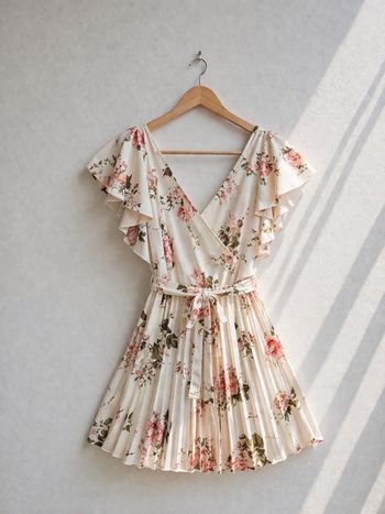 Robe fleurie bohème écru rose volantée plissée été chic ceinturée
