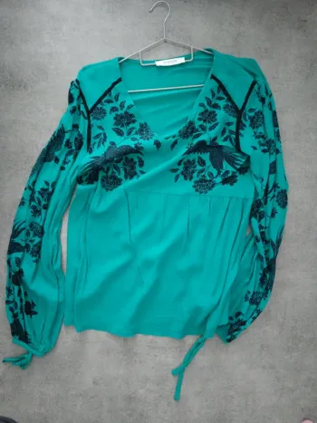 Chemise manches longues turquoise Promod M oiseaux noirs