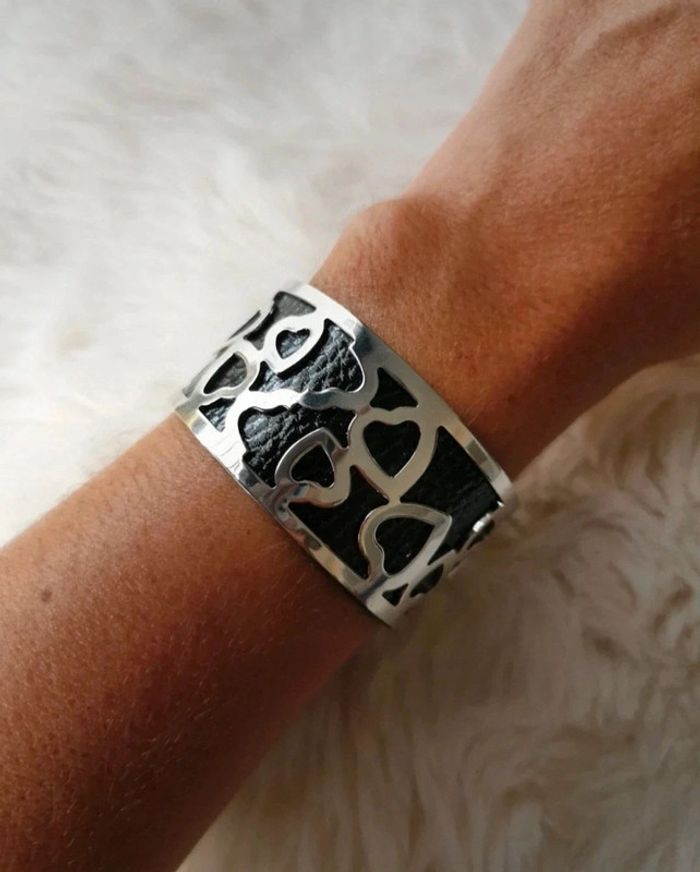 A13 bracelet jonc acier inoxydable cuir reversible ajustable noire doré - photo numéro 2