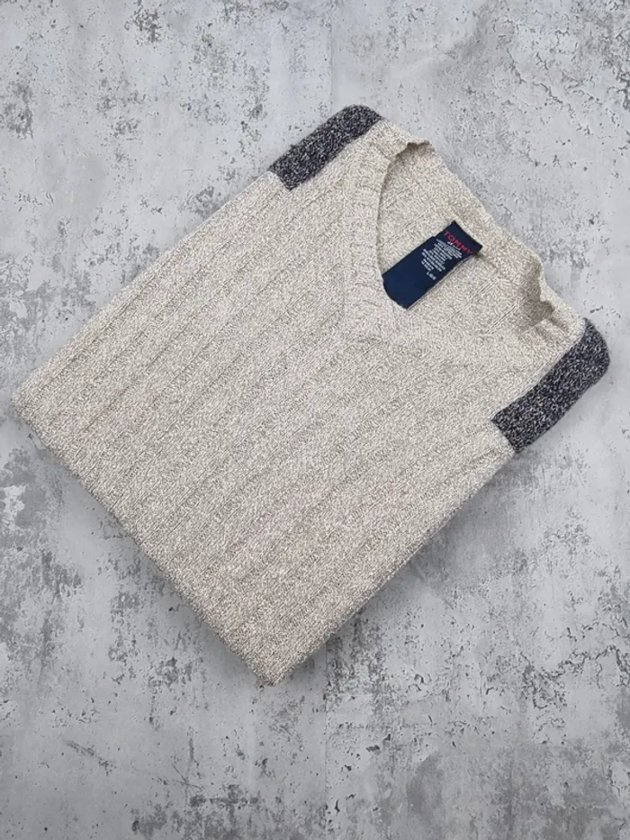 Pull col V Tommy Jeans beige à épaules grises – Taille L Femme (mesures en photos)