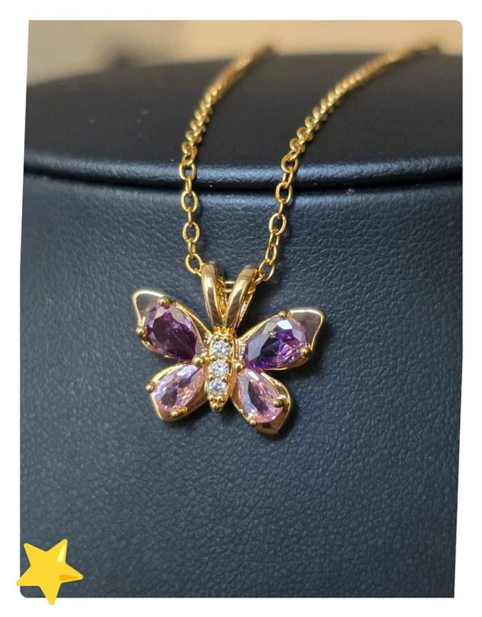Collier maille jaseron pendentif papillon rose avec pierre d'ornement acier inoxydable - photo numéro 5