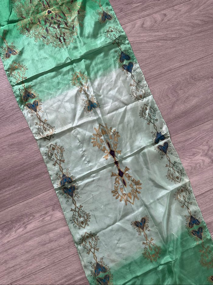 Foulard étole en soie verte et dorée Vintage 40x130cm - photo numéro 5