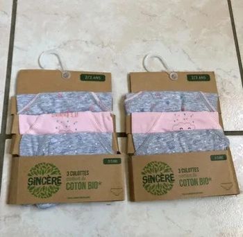 Lot de 6 culottes Sincere fille coton bio  T 2/3 ans Neufs dans emballage