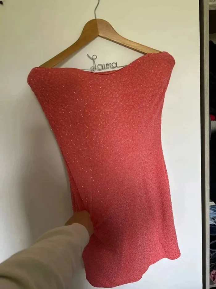 Femme M - robe soirée cocktail corail paillette - photo numéro 2