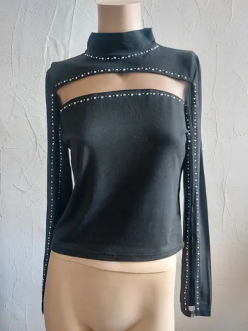 Top noir à strass transparent Taille M