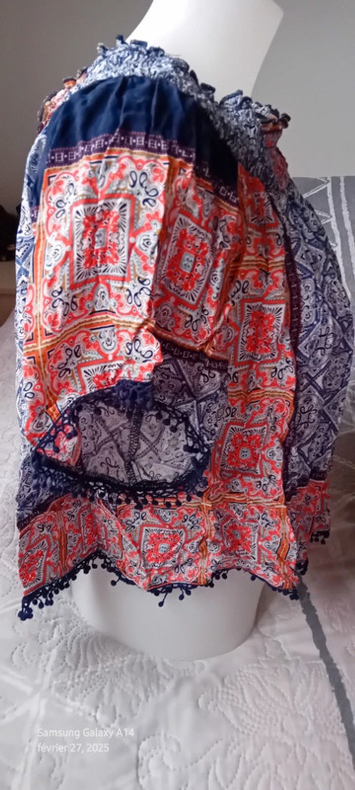 Blouse courte esprit bohème avec pampilles bleu femme taille 1 biscote - photo numéro 3