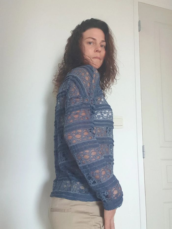 Haut femme manches longues sexy bleu transparent genre crochet taille 36 - photo numéro 3