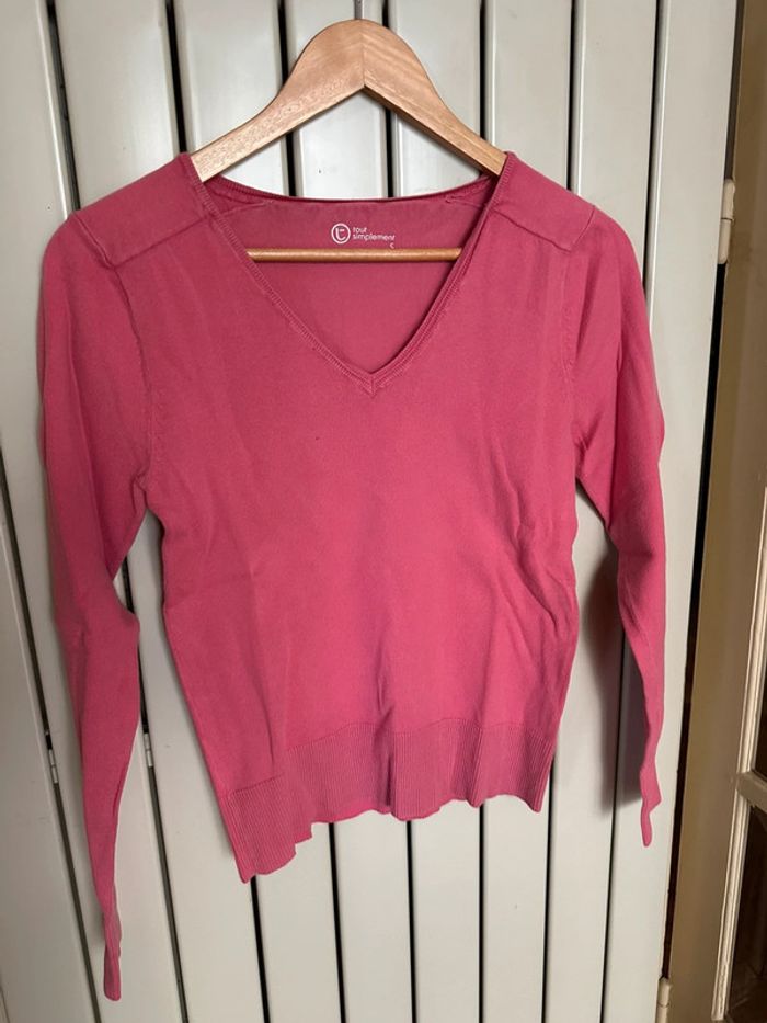 Pull col V coton rose S