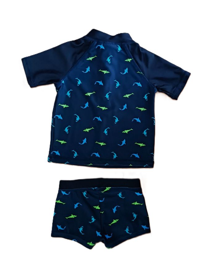 Ensemble de plage. Ensemble de bain. Maillot de bain. Bleu marine à requins bleu et vert. Pommette. - photo numéro 6
