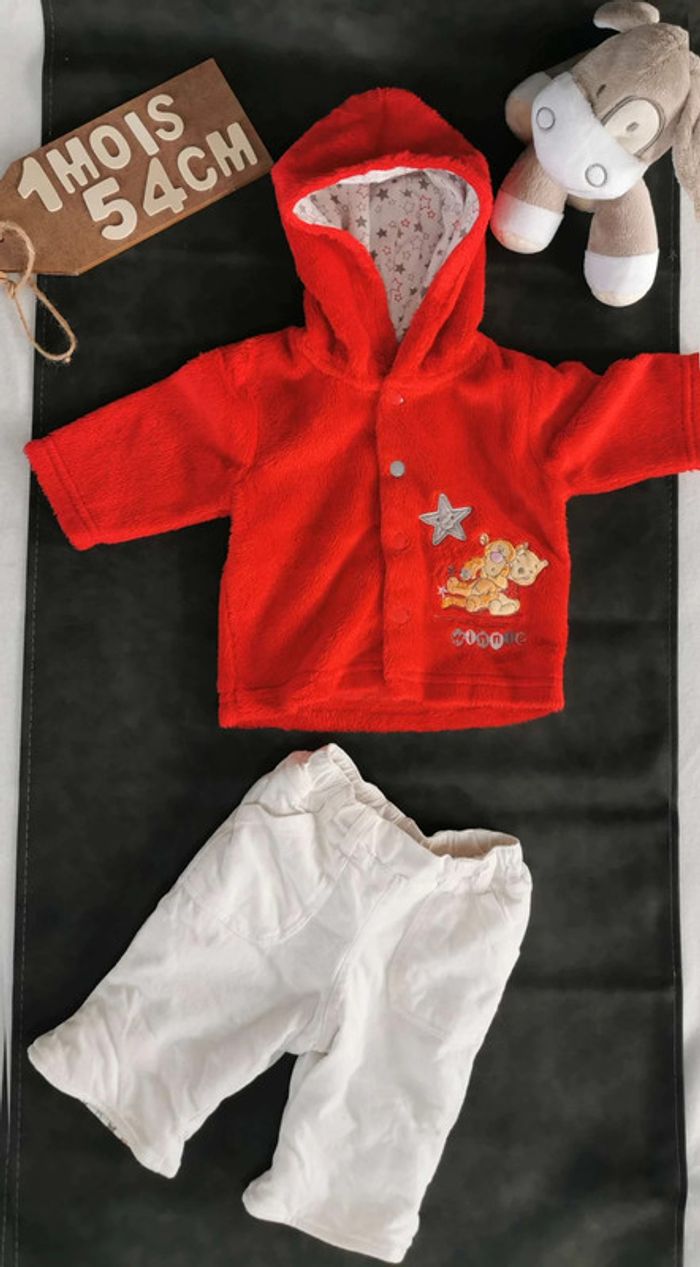 Ensemble Disney  👣 mixte  veste à  capuche rouge et pantalon chaud blanc,  1 mois/54cm